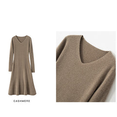 Women's Cashmere V Neck Long Sleeve Ribbed Knit Midi Dress