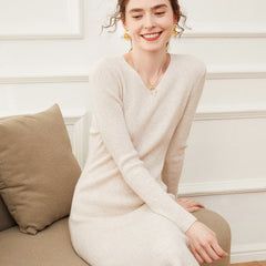 Women's Cashmere V Neck Long Sleeve Ribbed Knit Midi Dress