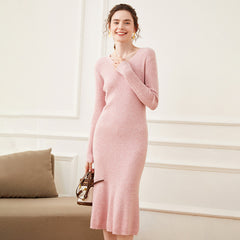 Women's Cashmere V Neck Long Sleeve Ribbed Knit Midi Dress