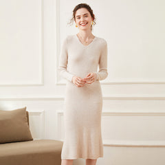 Women's Cashmere V Neck Long Sleeve Ribbed Knit Midi Dress
