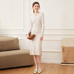 Women's Cashmere V Neck Long Sleeve Ribbed Knit Midi Dress