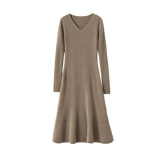 Women's Cashmere V Neck Long Sleeve Ribbed Knit Midi Dress