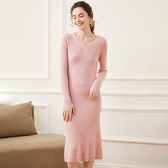 Women's Cashmere V Neck Long Sleeve Ribbed Knit Midi Dress