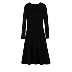Women's Cashmere V Neck Long Sleeve Ribbed Knit Midi Dress