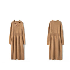 Women's Long Collared V-Neck Knit Midi Cashmere Dresses