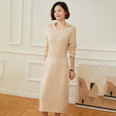 Women's Long Collared V-Neck Knit Midi Cashmere Dresses