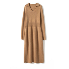 Women's Long Collared V-Neck Knit Midi Cashmere Dresses