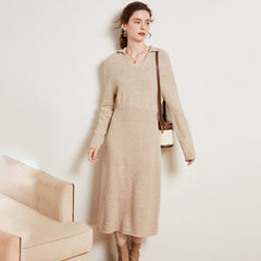 Women's Long Collared V-Neck Knit Midi Cashmere Dresses