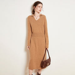 Women's Long Collared V-Neck Knit Midi Cashmere Dresses