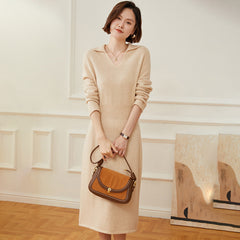 Women's Long Collared V-Neck Knit Midi Cashmere Dresses