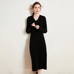 Women's Long Collared V-Neck Knit Midi Cashmere Dresses