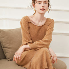 Women's Long Square Neck Cashmere Sweater Knit Midi Dress