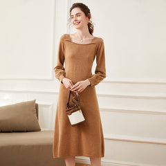 Women's Long Square Neck Cashmere Sweater Knit Midi Dress