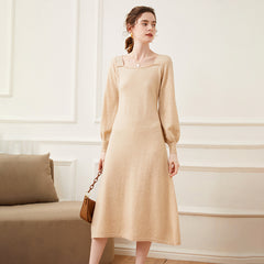 Women's Long Square Neck Cashmere Sweater Knit Midi Dress
