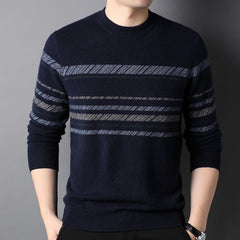 Men’s 100% Cashmere Crewneck Multi-Stripe Pattern Knit Sweater