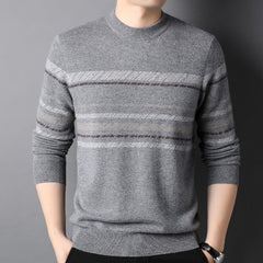 Men’s 100% Cashmere Crewneck Multi-Stripe Pattern Knit Sweater