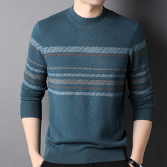 Men’s 100% Cashmere Crewneck Multi-Stripe Pattern Knit Sweater