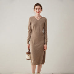 Slim V-Neck Cashmere Long Skirt Loose Knitted Midi Dress
