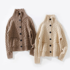 Chunky Cable Knit Cashmere Cardigan Button-Up High Neck Sweater