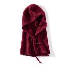 100% Cashmere Knitted Hooded Hat Scarf with Adjustable Drawstring
