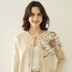 Crew Neck Floral Button-Up Embroidered Knitted Sweater Cardigan
