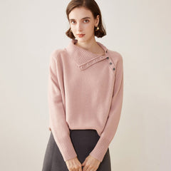 Asymmetric Button Detail Knit Cashmere Turtleneck Sweater