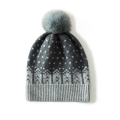 Fair Isle Cashmere Beanie with Fur Pom Pom Soft Warm Knitted Cap