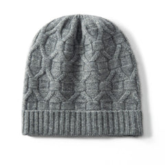 Pure Cashmere Geometric Knit Pattern with Ribbed Hem Beanie