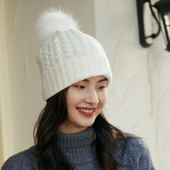 Cashmere Stretchy Cable Knit Beanie with Real Fur Pom Ski Hat