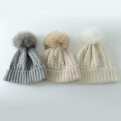 Cashmere Stretchy Cable Knit Beanie with Real Fur Pom Ski Hat