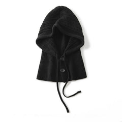 Warm Windproof Cashmere Hooded Hat Ribbed Knit Drawstring Beanie