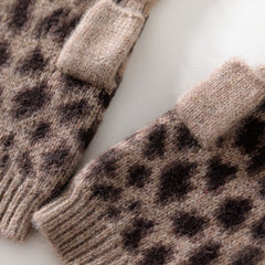 Cashmere Knit Half Finger Leopard Print Fingerless Gloves