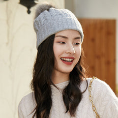 Cashmere Stretchy Cable Knit Beanie with Real Fur Pom Ski Hat