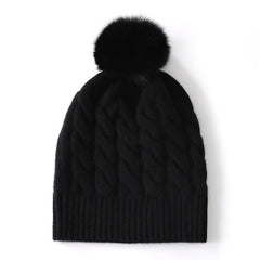 Cashmere Beanie Fur Pom  Pom Cable Knit Beanie Hat