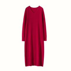 Slim V-Neck Cashmere Long Skirt Loose Knitted Midi Dress