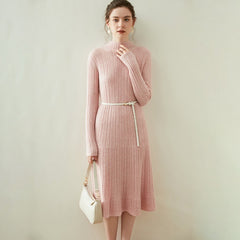 Mock Neck Ribbed Cashmere Knit Midi Dress with Flared Hem