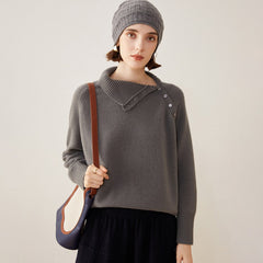 Asymmetric Button Detail Knit Cashmere Turtleneck Sweater