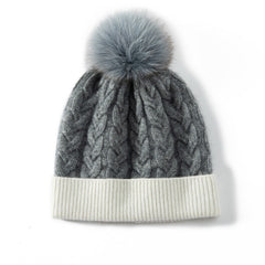 Cashmere Knitted Thicken Chunky Cable Beanie Hat with Fur Pom Pom