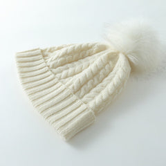 Cashmere Stretchy Cable Knit Beanie with Real Fur Pom Ski Hat