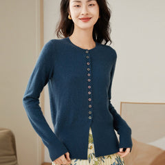 Cashmere Crew Neck Waist Slit Button-Up Cardigan Knit Sweater