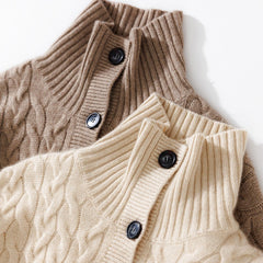 Chunky Cable Knit Cashmere Cardigan Button-Up High Neck Sweater