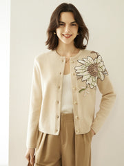 Crew Neck Floral Button-Up Embroidered Knitted Sweater Cardigan