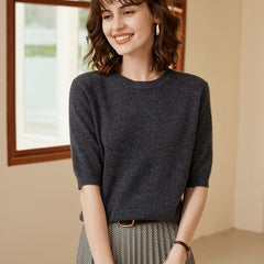 100% Cashmere Half Sleeve Crewneck Pullover Thin Sweater