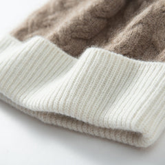 Cashmere Knitted Thicken Chunky Cable Beanie Hat with Fur Pom Pom