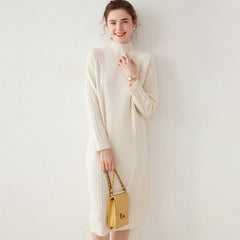 Wool Cashmere Mock Neck Casual Cable Knit Sweater Midi Dress