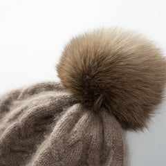 Cashmere Knitted Thicken Chunky Cable Beanie Hat with Fur Pom Pom