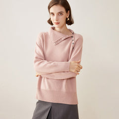 Asymmetric Button Detail Knit Cashmere Turtleneck Sweater
