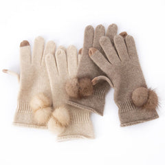 Cashmere Touchscreen Mittens Fur Gloves with Pom Pom