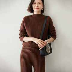 Cashmere Cable Knit Mock Neck Pullover Sweater with Ribbed Trim