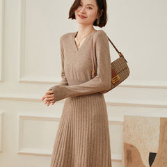 V-Neck Cashmere Knitted Dress Pullover Waist Jumpers Ribbed Skirt